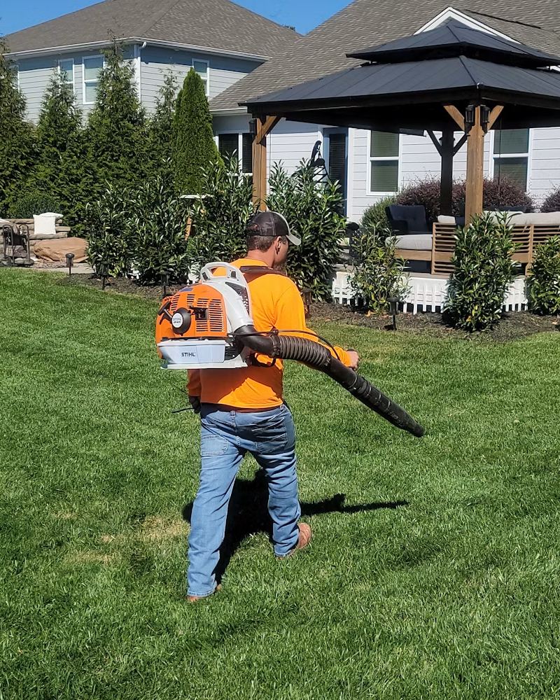 Crew member clearing a manicured front lawn with a backpack blower